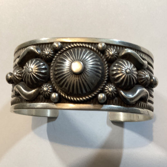 Bracelet, all silver, peyote button, daisy Concho, A. Jake HBH - Turquoise Mustang