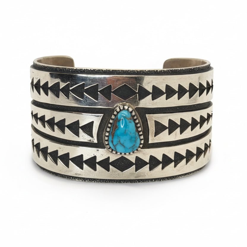 Triangle Motif Cuff with Teardrop Natural Kingman Turquoise, H.T. Jim - Turquoise Mustang