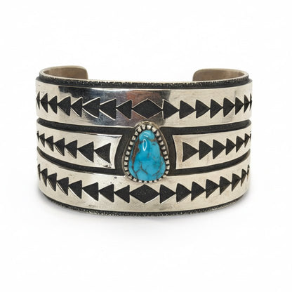 Triangle Motif Cuff with Teardrop Natural Kingman Turquoise, H.T. Jim - Turquoise Mustang