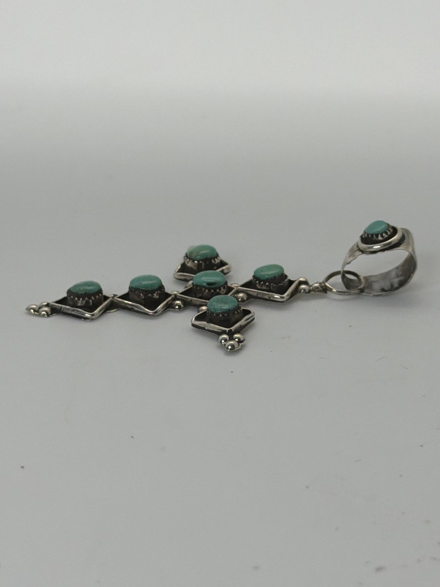 Sage Green Kingman Turquoise and Sterling Silver Cross Pendant, Native American - Turquoise Mustang