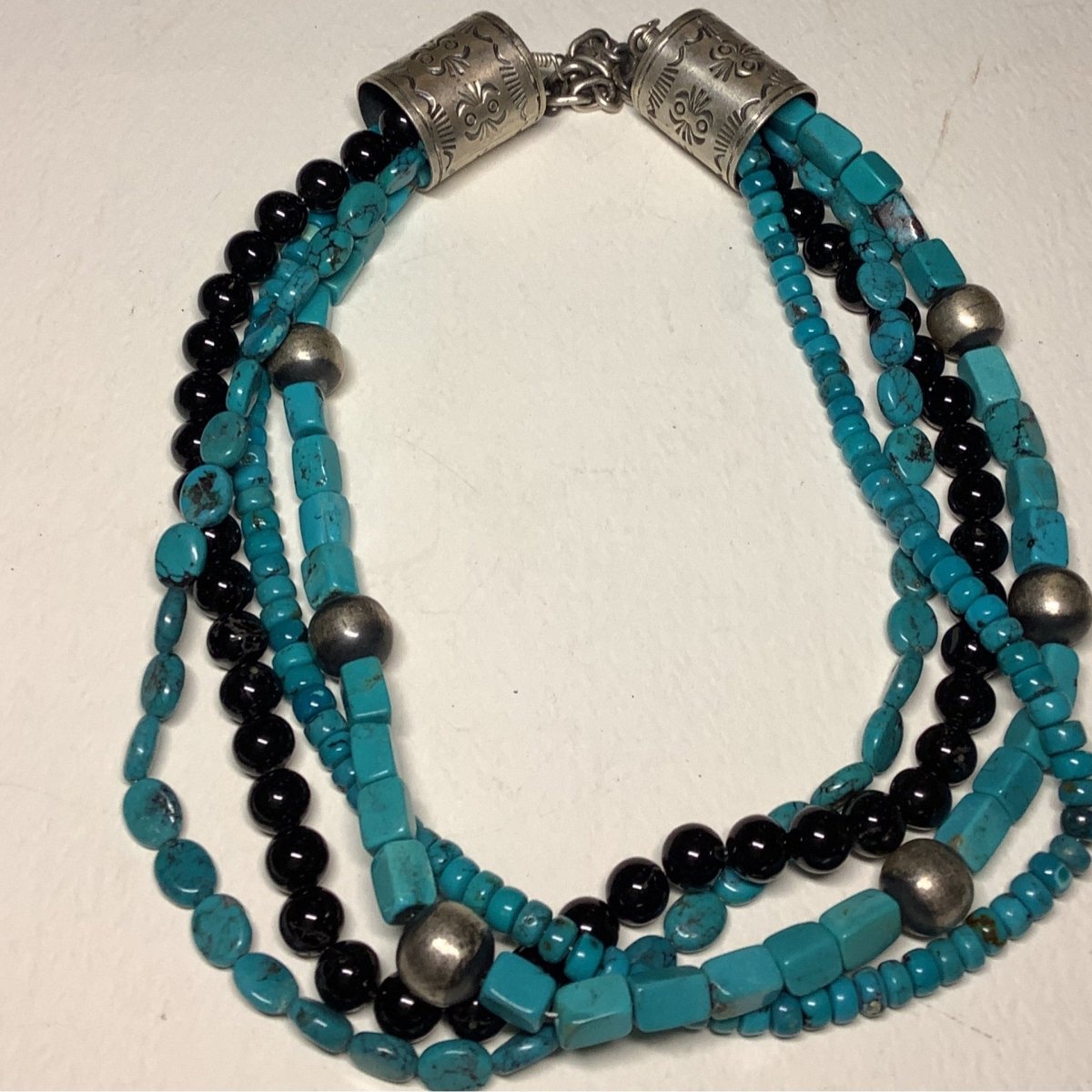 NEcklace, 16" 4 - Strand, Rect. - Rondelle - Oval Coin Cloud Mountain, Dan Dodson, - Turquoise Mustang