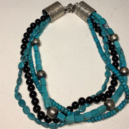 NEcklace, 16" 4 - Strand, Rect. - Rondelle - Oval Coin Cloud Mountain, Dan Dodson, - Turquoise Mustang