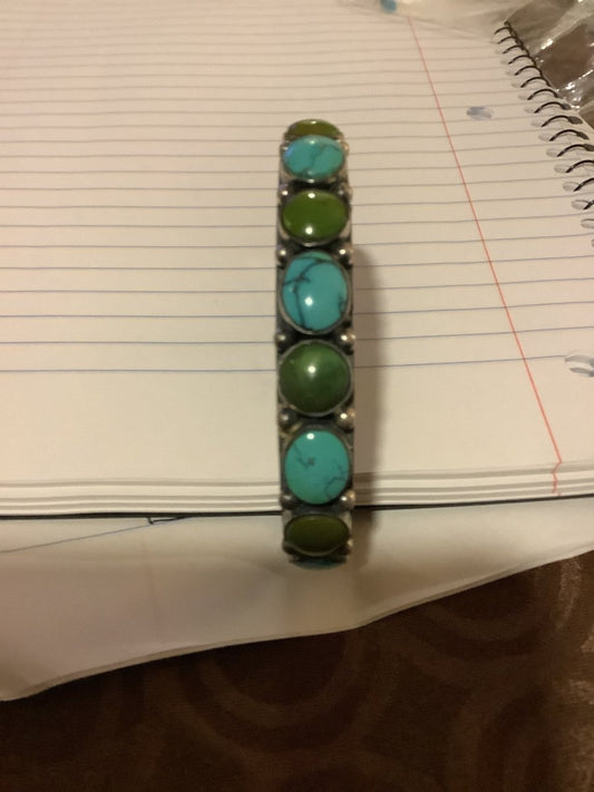 Bracelet, Turquoise alternating 11 oval/round Stone Bracelet, Cuff, DD (1) - Turquoise Mustang