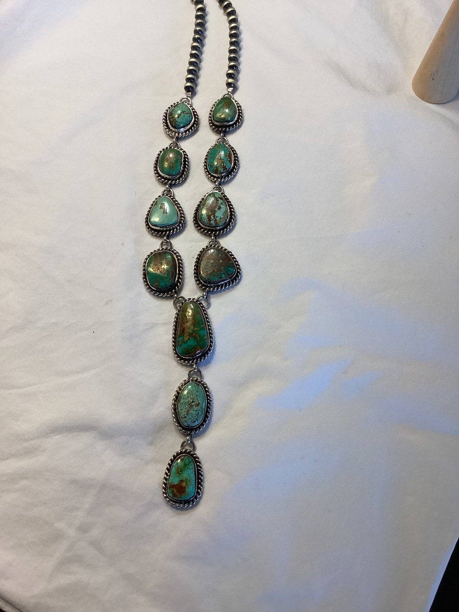 Necklace, Lariat, Royston Turquoise, 11 Freeform cabs, Charlene Yazzie - Turquoise Mustang