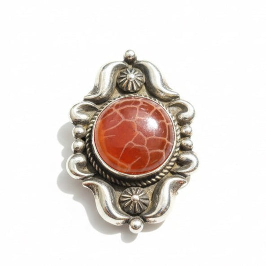 Orange Fire Agate Ring with Repoussé & Rope Accents, Size 7 Albert Jake - Turquoise Mustang