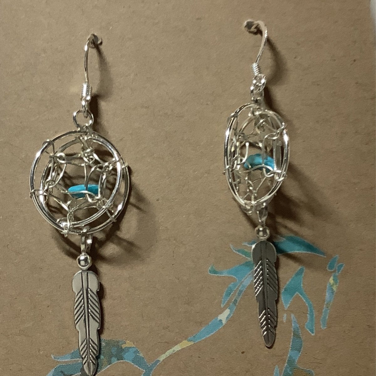 Earring, 3 - D Dreamcatcher w/ tq nugget & feather, unknown - Turquoise Mustang