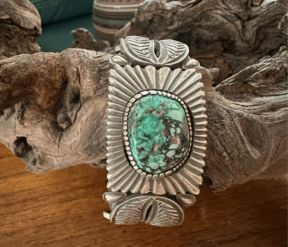 Heavy Stamped Sterling Silver Tufa Cast Cuff with Large Freeform Broken Arrow Cabachon, by Navajo Silversmith Kris Willie - Turquoise Mustang