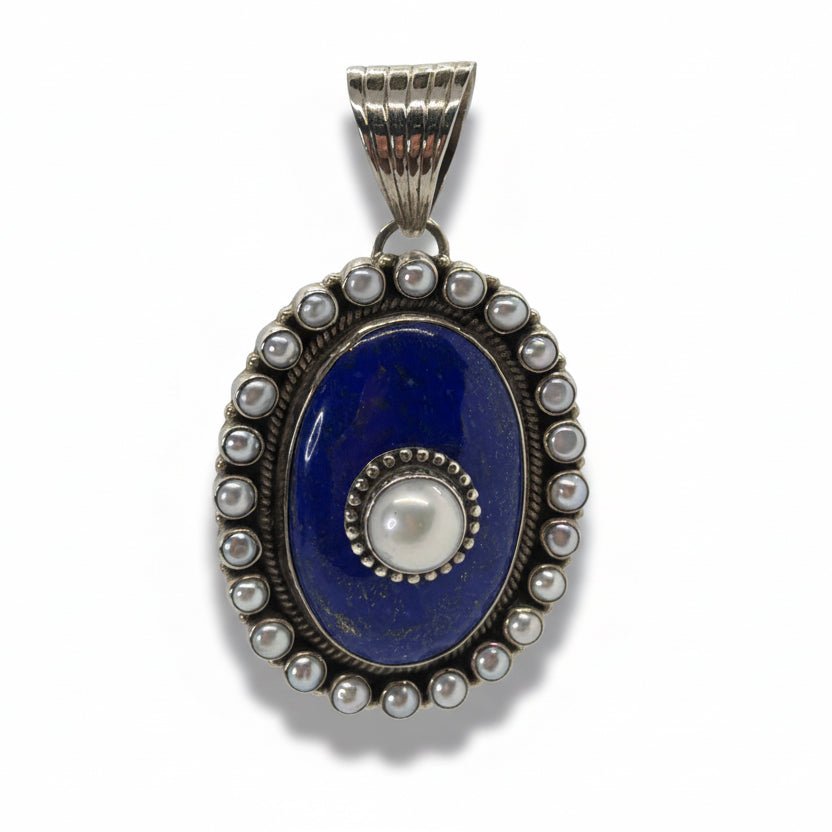Large Oval Lapis Pendant with Freshwater Pearl Bezel and Stacked Pearl Accent by Dan Dodson - Turquoise Mustang