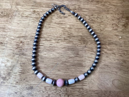 Necklace, 18", 10mm Pink Conch rounds & 8mm Conch Footballs, TM - Turquoise Mustang