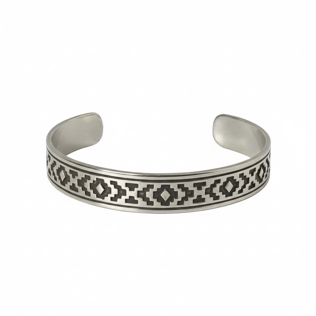 Navajo Geometric Pattern Stampwork Sterling Silver Cuff, hallmarked - Turquoise Mustang