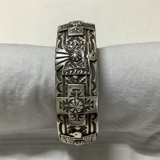 Bracelet, all silver, Thunderbird/Crosses overlay, Darrell Cadman - Turquoise Mustang