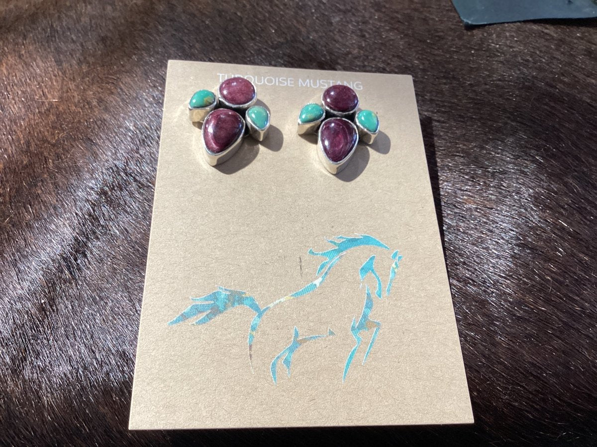 Earrings, Turquoise/Spiny oyster, studs, petals, Pear Cabs, DD - Turquoise Mustang