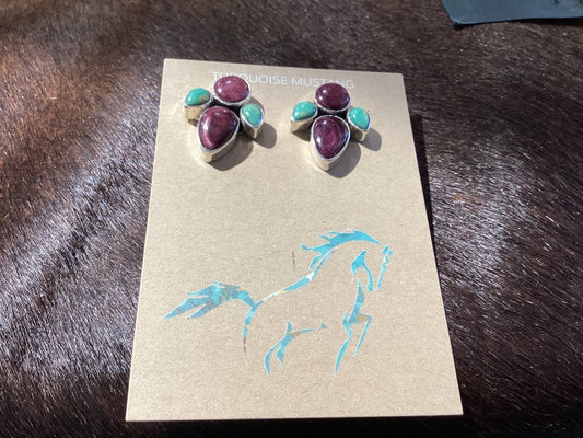 Earrings, Turquoise/Spiny oyster, studs, petals, Pear Cabs, DD - Turquoise Mustang