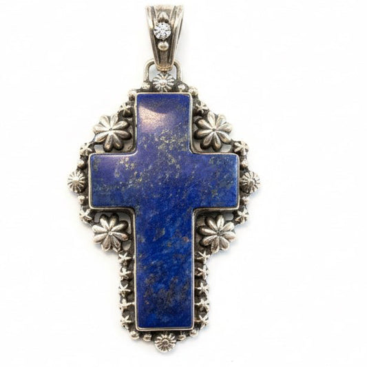 The Passion Flower Cross Pendant in Premium Lapis - Turquoise Mustang