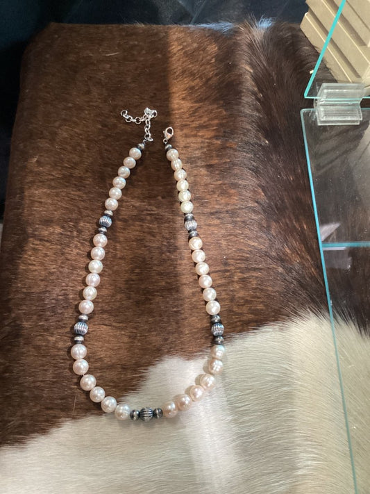 18” Pink Freshwater Pearls and 8mm Silver Pearls by TM - Turquoise Mustang