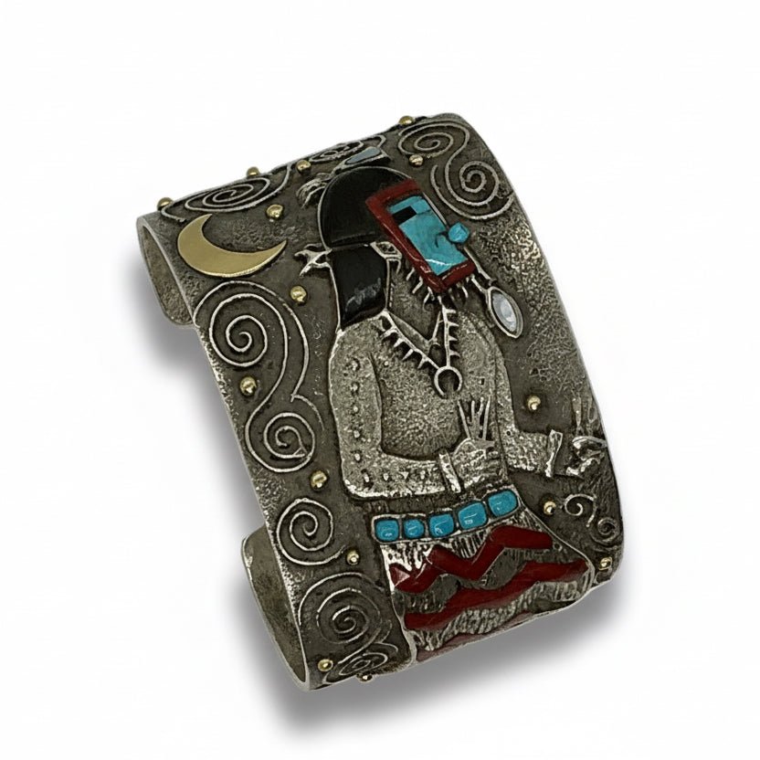 Monumental Storyteller Cuff with Turquoise, Mother of Pearl, Red Coral, Black Jet and 14K Gold Accent, by Philander Begay - Turquoise Mustang