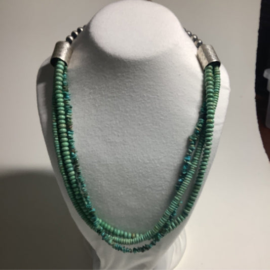 Necklace, 3 - strand, 21" Kingman Chips & Fox Rondelles w/ 8mm Navajo pearls a, Turquoise Mustang (1) - Turquoise Mustang