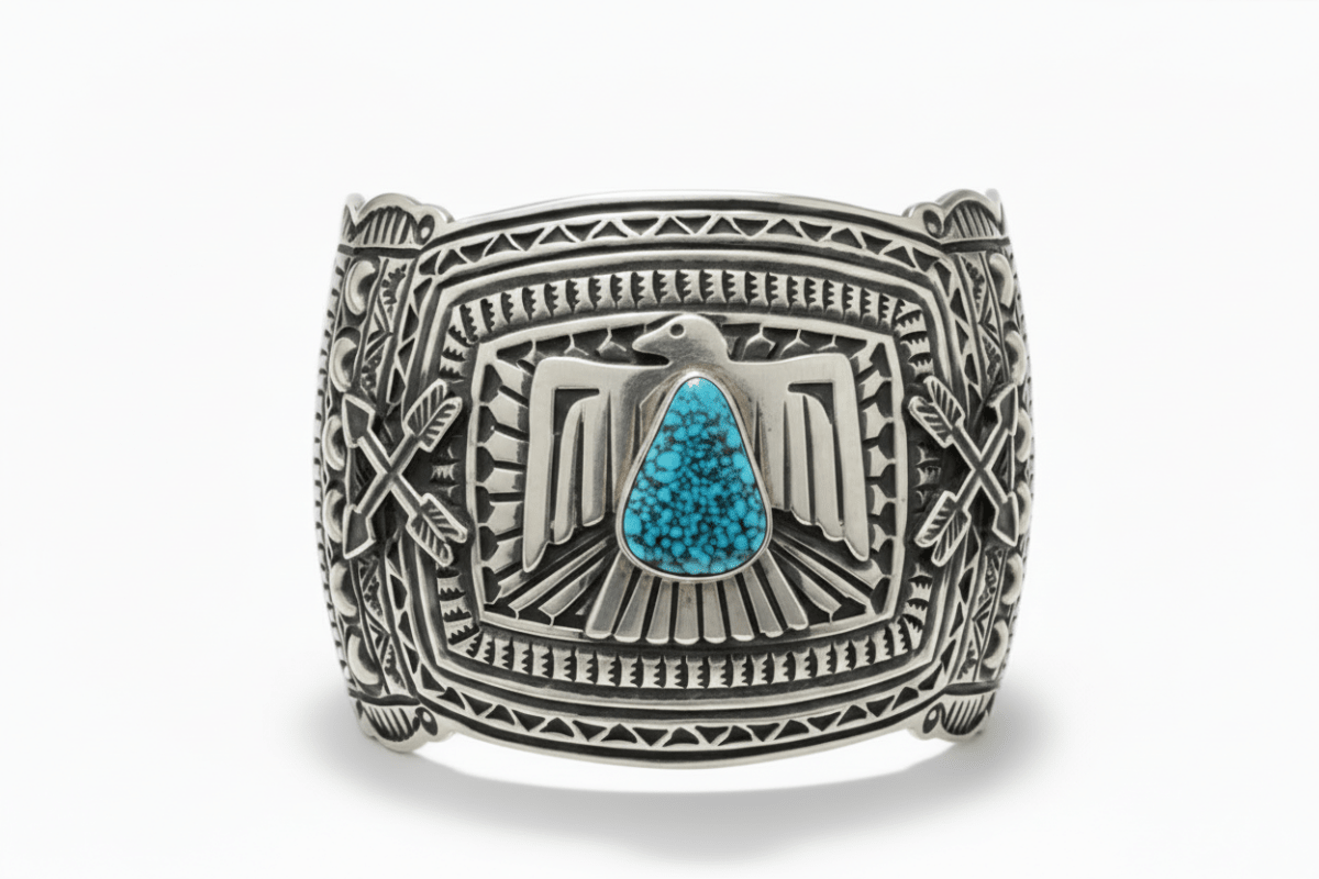 Wide Thunderbird Cuff w Spider Web Turquouse Center stone, by JO White - Turquoise Mustang