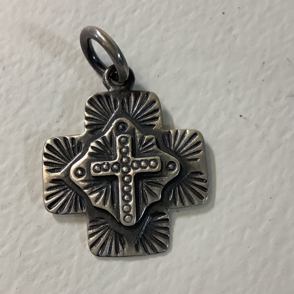 Pendant, Charm, All Silver Navajo style cross with traditional cross overlay and Eyelash accent, DD - Turquoise Mustang