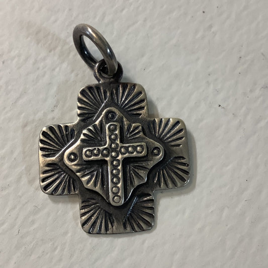 Pendant, Charm, All Silver Navajo style cross with traditional cross overlay and Eyelash accent, DD - Turquoise Mustang