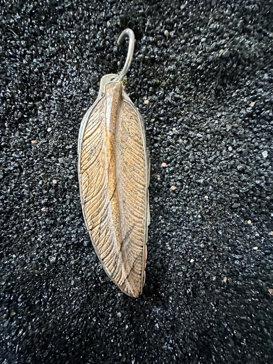 Carved Dimensional Feather Pendant with Picture Jasper by Dan Dodson - Turquoise Mustang