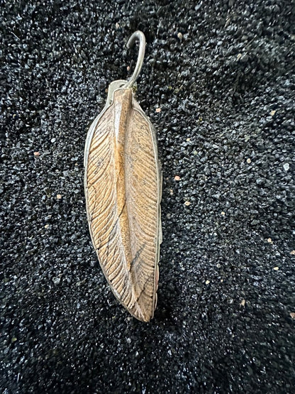 Carved Dimensional Feather Pendant with Picture Jasper by Dan Dodson - Turquoise Mustang