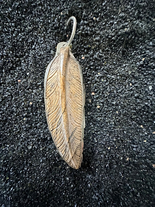 Carved Dimensional Feather Pendant with Picture Jasper by Dan Dodson - Turquoise Mustang