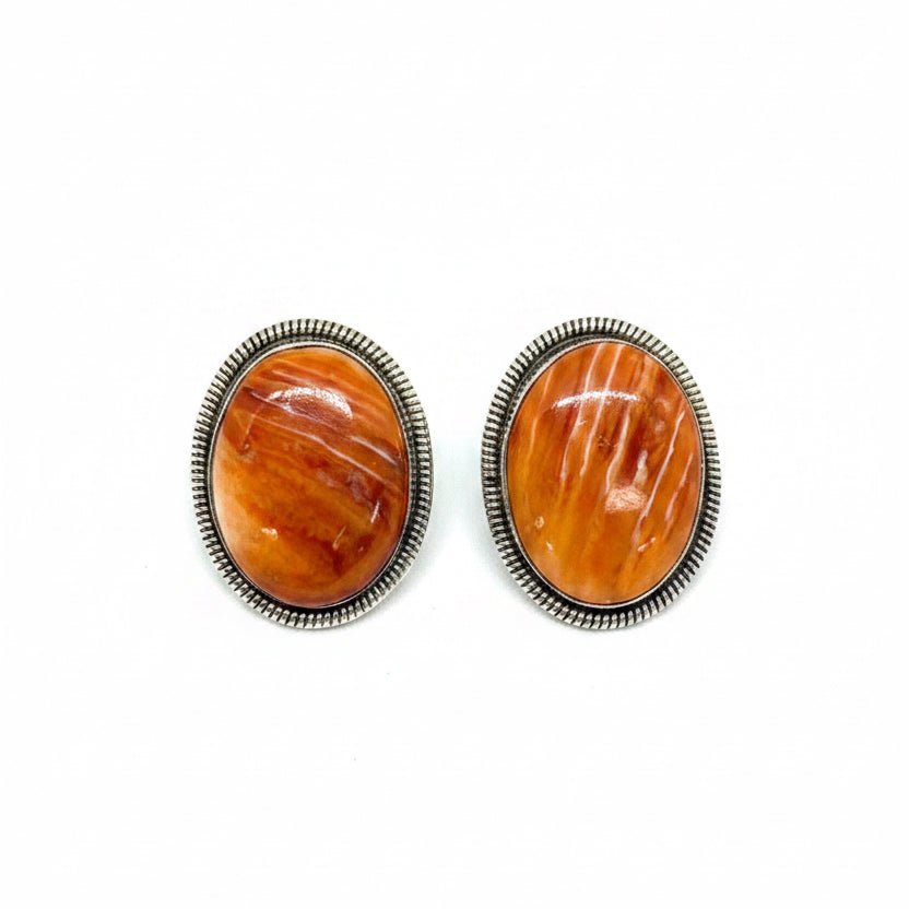 Orange Spiny Oyster Stud Statement Earrings by Wydell Billie | Sterling Silver Native American Jewelry - Turquoise Mustang
