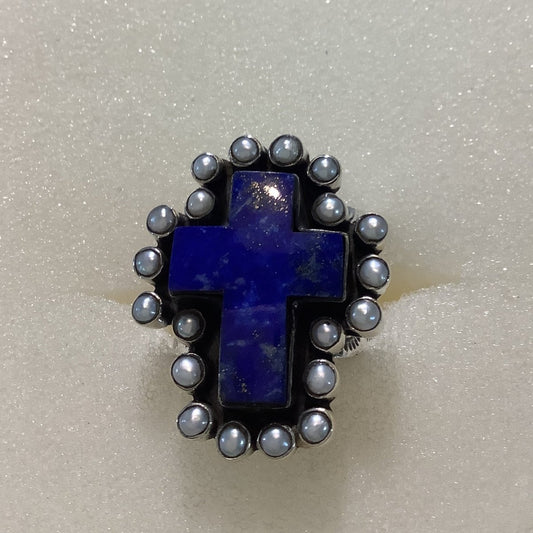 Ring, Lapis, Lapis Cross with Rd.Pearl Bezel, DD - Turquoise Mustang