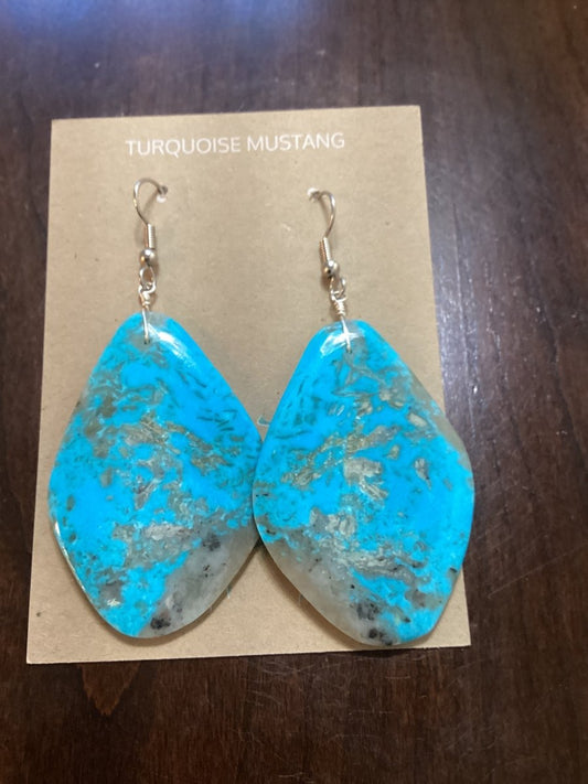 Earrings. Turquoise Slabs Large, Kingman, Robert Nieto - Turquoise Mustang