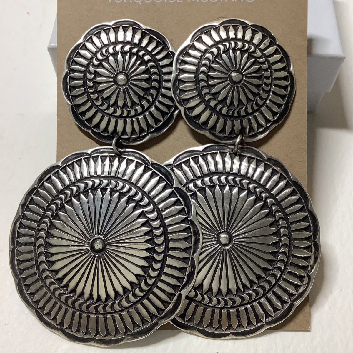 Earring. Double Round Concho, Stamped, Leander Tahe - Turquoise Mustang
