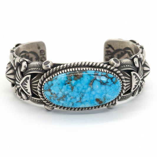Heavy Overlay & Stampwork Cuff with Oval Birdseye Kingman by Delbert Gordon - Turquoise Mustang