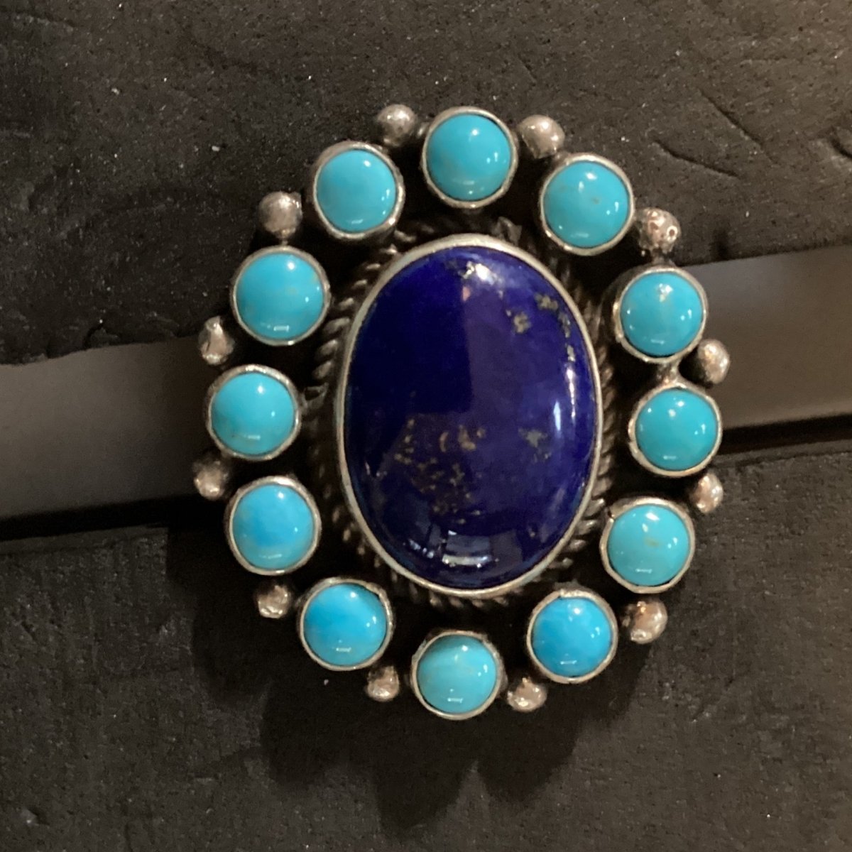 Ring, Lapis Oval and 12 Turquoise Cluster Bezel, Leland Yazzie - Turquoise Mustang