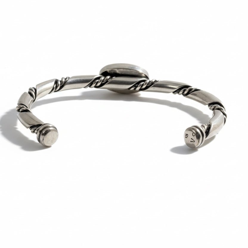 Oval Turquoise Twisted Wire Sterling Silver Cuff by VC, Navajo - Turquoise Mustang