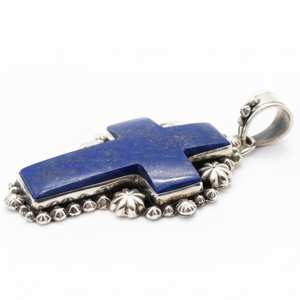 The Passion Flower Cross Pendant in Premium Lapis - Turquoise Mustang