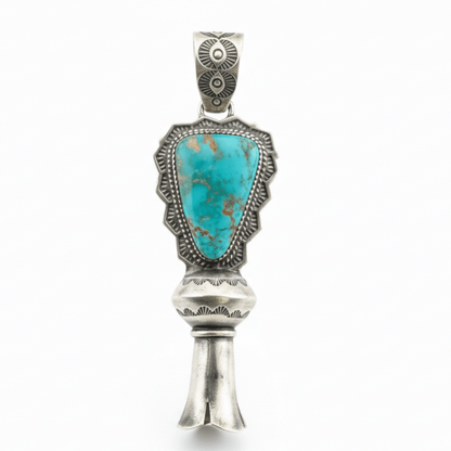Pendant, Squash blossom, Large Royston Turquoise, saucer globe, stamped bale, Danny Clark - Turquoise Mustang