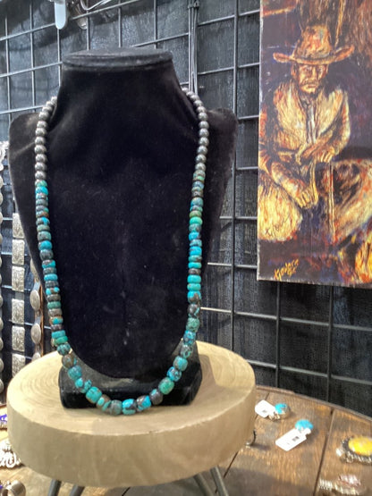 19” x 10 - 12mm Polychrome Cloud Mountain Turquoise Necklace with 8mm Silver Pearls - Turquoise Mustang