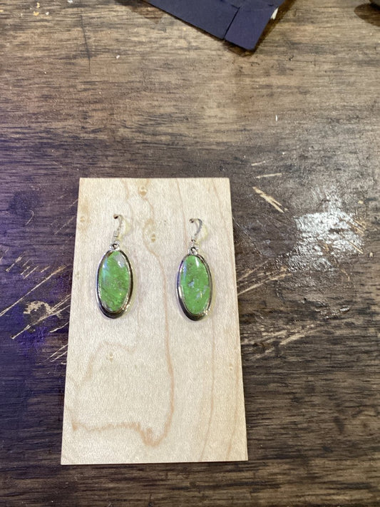 Narrow Oval Gaspeite Dangle Earrings - Turquoise Mustang