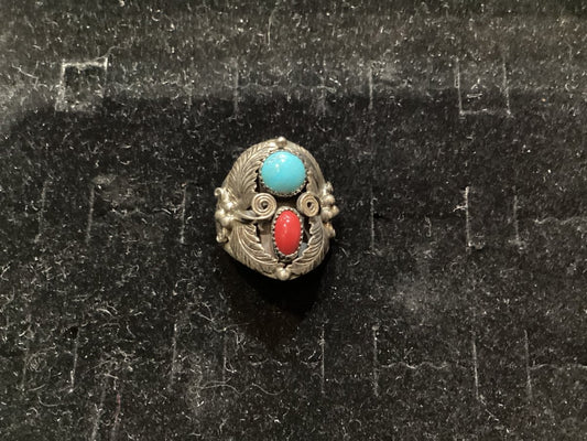 Vintage Coral & Sleeping Beauty Turquoise Men's Ring, Navajo, Size 10 - Turquoise Mustang