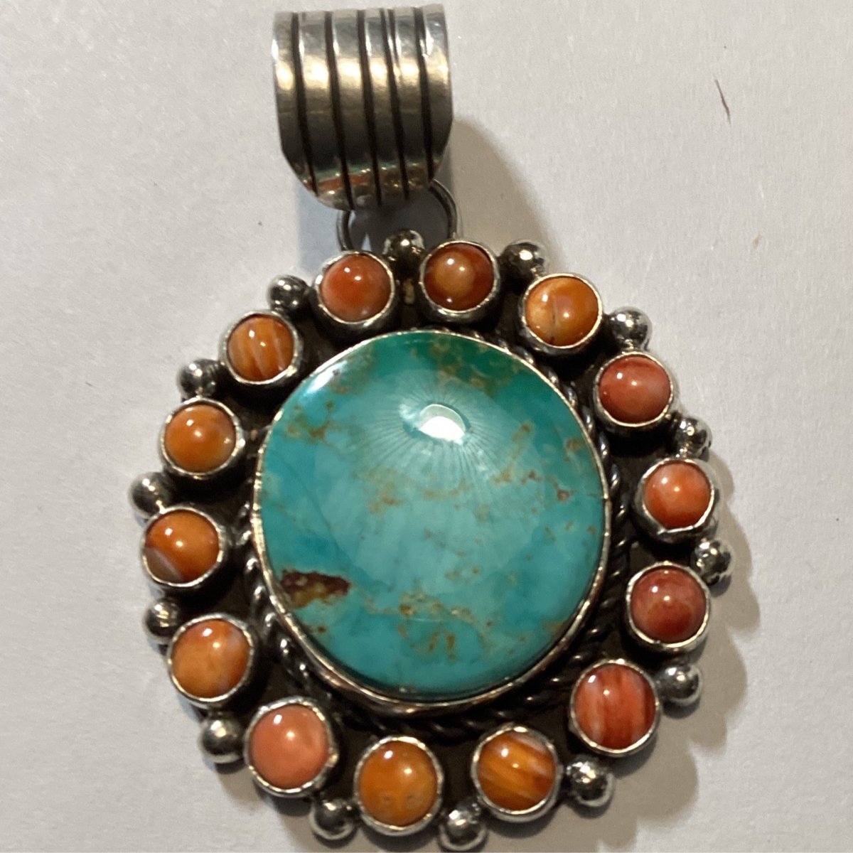 Pendant, Round Royston Turquoise with Rd. Spiny Oyster Bezel, L. Yazzie - Turquoise Mustang