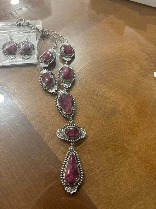 Necklace, Lariat, 7 cabs, Purple Spiny Oyster, Jimi Lee - Turquoise Mustang