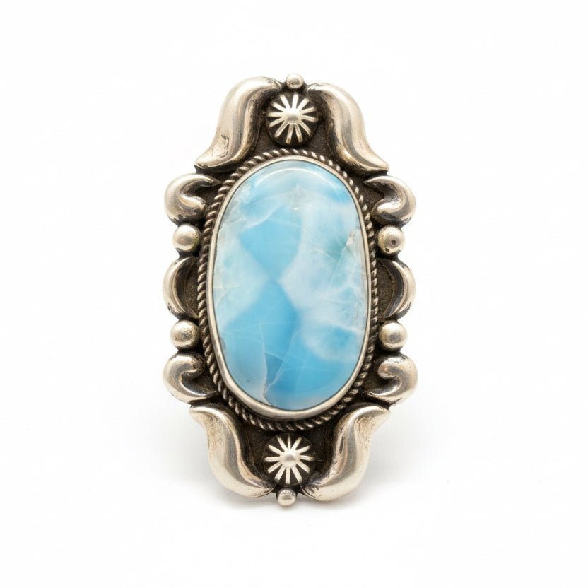 Larimar Oval Repoussé and Rope Ring, Size 9 Albert Jake - Turquoise Mustang