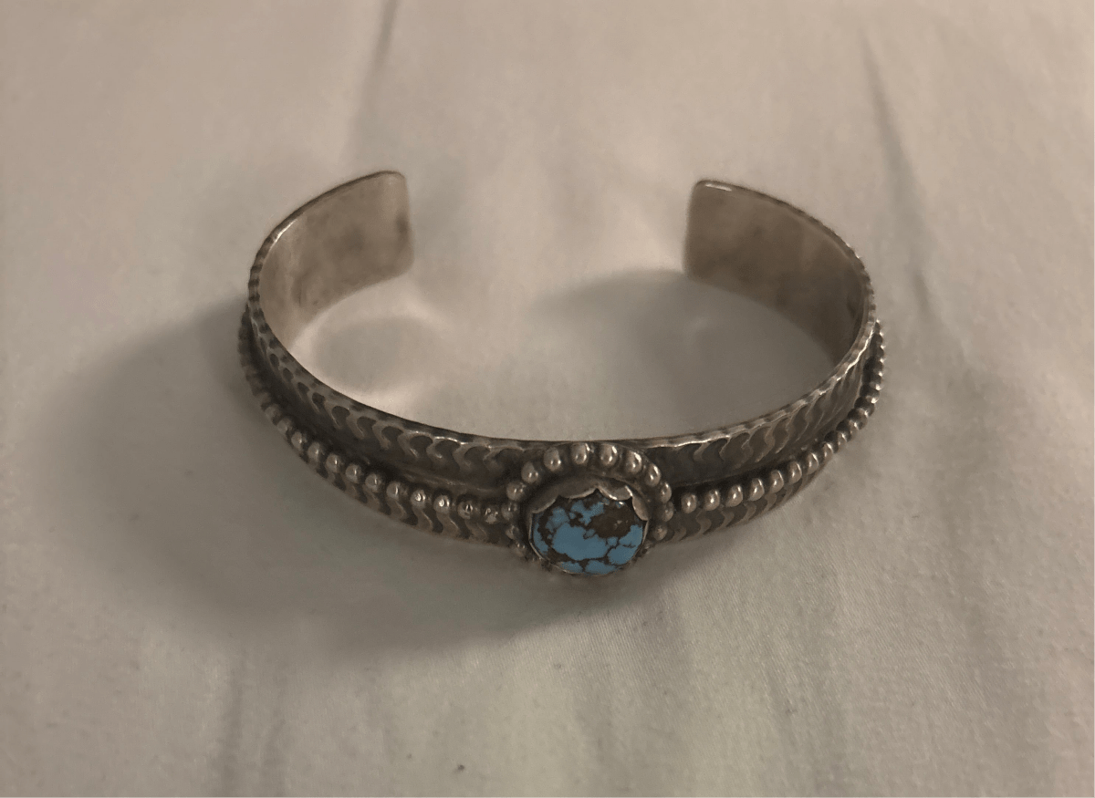 Bracelet, narrow cuff, Golden Hills Turquoise, round freeform, Tillie John - Turquoise Mustang