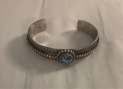 Bracelet, narrow cuff, Golden Hills Turquoise, round freeform, Tillie John - Turquoise Mustang