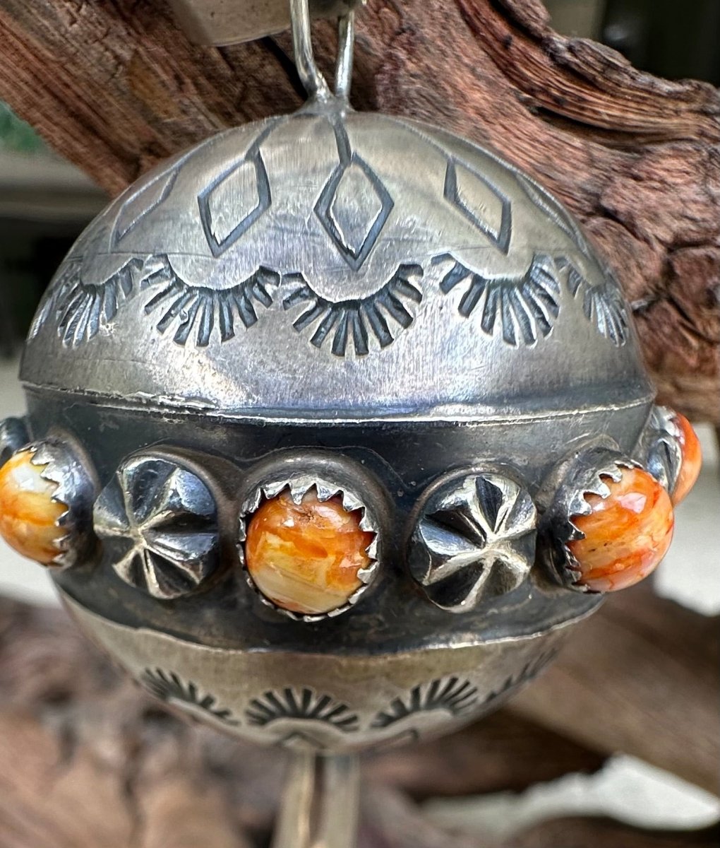 Dimensional Squash Blossom Statement Pendant with 8 Orange Spiny Oyster Accent Stones, by Tim Yazzie - Turquoise Mustang