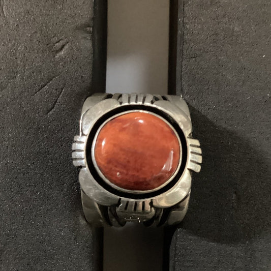 Ring, Orange Spiny Oyster Oval, Heavy Beveled Bezel with Filework, Charley Willie - Turquoise Mustang