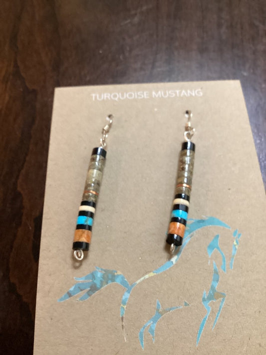 Earrings, Stick style, Pin Shell, Apple Coral, Heishi, Mary Calabaza - Turquoise Mustang