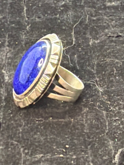 Large Premium Lapis Oval Ring with Filework, Size 7.75 Charley Willie - Turquoise Mustang