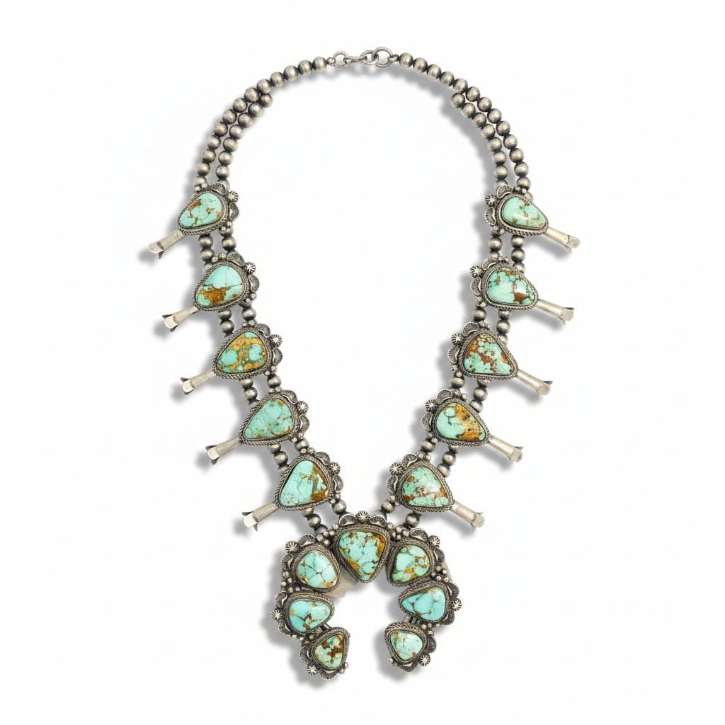 Natural Royston Turquoise Squash Blossom Necklace — T. Francisco (Navajo) - Turquoise Mustang
