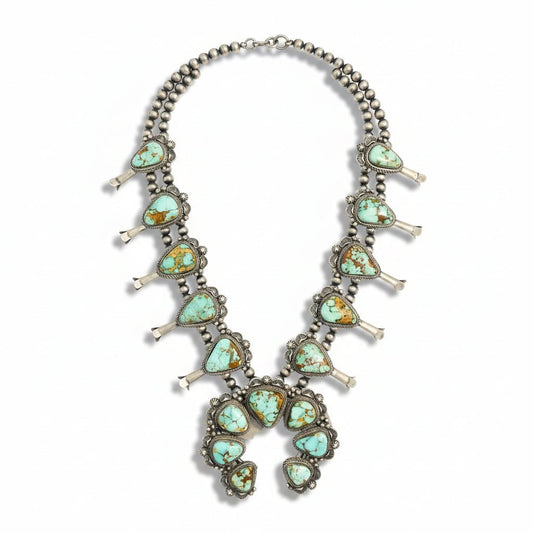 Natural Royston Turquoise Squash Blossom Necklace — T. Francisco (Navajo) - Turquoise Mustang